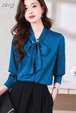 Spring New White Shirt Women Bow Ribbon Elegant Shirts Fashion Womens Tops Satin Female Clothing OL Silk Shirts and