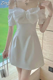 Sexy Bow Off Shoulder Dress Women Elegant White Mini Dress Black Slip Ladies Dresses Woman Party Dress 2023