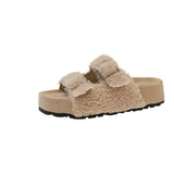 New Lamb Hairy Shoes Double Buckle Buckle Buckle Shoes Thick-Skin Pine Cake Word Sandals To Wear Slippers Women's