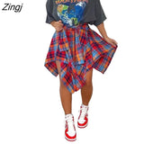 Women Plaid Print Irregular High Waist Knee Length Skirts 2023 Summer Holiday Streetwear Lace Up Waist