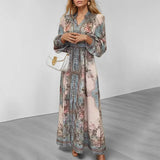 Dress Women's New Elegant Temperament V-Neck Fashion Print Long-Sleeved