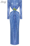 Shiny Sequins Hollow Backless Long Dress Elegant O-Neck Long Sleeve Flower Buckle Design Slim Dress Party Cocktail
