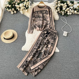 Suit Women's Round Collar Loose Jungle Animal Long-Sleeved Sweater Two Sets Of Broad-Legged Trousers Autumn And Winter