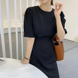 Summer Women Simple Casual Solid Midi Dress Female Short Sleeve A-line Fashion Holiday