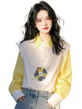 Design Yellow Stripe Splicing Print POLO Collar Shirt Female Senior Sense Light Luxury To Reduce The Age Of The Gas