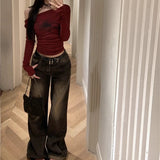 Spider Print Off Shoulder Slim Long Sleeve TeeOutfit