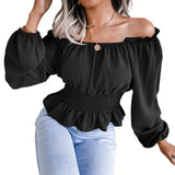 Wind Shooting Autumn And Winter New Sexy Word Collar Under The Shoulder Hem To The Leaves Of The Chiffon Shirt Women's
