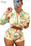 Pieces Set Sexy Summer Autumn Fashion Women Sets 2023 Stripe Long Sleeve Shirt Tops And Elastic Waist Shorts Suits