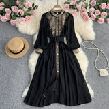 Zingj Sense Wear Temperament Long-Sleeved Autumn Dress Women's Niche Design Lace Spell Receive Waist Small Black