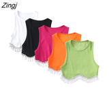 Women Sexy Candy Color Hem Tassel Diamond Beading Knitting T Shirt Chic Short Camis Tank Lady Slim Crop Vest Tops
