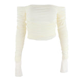 New Sexy Double Mesh Top Sweet One-Word Shoulder Wrinkle Horn Long-Sleeved T-Shirt