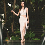 Zingj Ins Spring Burst Sexy Hot Girl Oblique Shoulder Fake Two Slim Hollow High Waist Slit