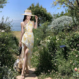 Zingj Seaside Travel Vacation Beach Skirt Female Summer Broken Flower Dew Waist Inclined Shoulder Dress Open Slit Slim Wrap Buttock Long