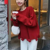 Zingj Year Red Gentle Wind Sweater Soft Waxy Department Round Collar Tassel Wool Ball Ball Solid Color Sweater Women Autumn Winter New Style-Outfit
