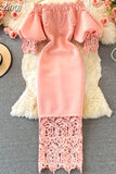 Hollow Out Lace Bodycon Long Dress Women Elegant Red/Pink/White Off Shoulder Patchwork Maxi Party Vestidos 2023 Autumn