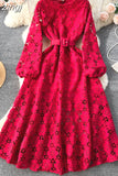 Autumn Women Hook Flower Hollow Party Long Dress Vintage Round Neck Puff Sleeve High Waist A-Line Maxi Vestidos New