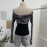 Real Shot Of The Hottie Shoulder Mesh Hot Diamond To Receive The Belt Strap Horn Long Sleeve Top Short T-Shirt
