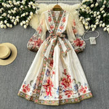 Style Retro Print Temperament Dress Female Long Sleeves With Thin Belt V-Neck Dress Long