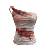Net Yarn Printed Slanted Shoulder Sling Vest Retro Design Folding Temperament Short Blouse