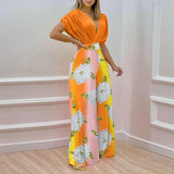 Women's Autumn New Temperament V-Neck Print Wide Leg Pants Fashion Casual Set