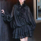 Light-Cooked Windy Sexy Lotus Leaf Side Long-Sleeved Chiffon Dress 2025 New Splicing Flower Design Short Dress Women's