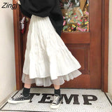 Skirts Women Mesh Lovely Elegant Teens Ulzzang Chic Ruched Club Romantic High Waist Elastic Korean Style College