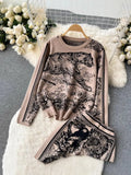 Suit Women's Round Collar Loose Jungle Animal Long-Sleeved Sweater Two Sets Of Broad-Legged Trousers Autumn And Winter