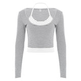 U-Shaped Low-Neck Two-Piece Striped T-Shirt Hanging Neck Vest 2025 Fashion-Colored Knitted