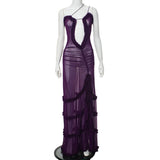 Zingj Women's New Sling With Hollow Out Pleated Lace Slit Dress