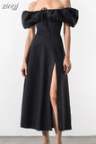 Off Shoulder Dress Women Puff Short Sleeve White Dresses Female Cut out Tie up Side Split Ruched Elegant Long