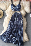 Vacation Beach 2pcs Set Women Floral Printed Short Strapless Tops And High Waist Pleated Long Skirt Suit Spring
