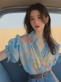 Spring And Summer New Small Shirt French Single Special Top Design Small Smell Blue Printed