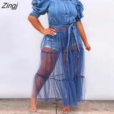 Women Patchwork Mesh Denim Dress With Short Sleeve Button Up Long Dresses Turn Down Collar Casual Sundress 2023 Summer