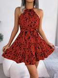 Wind Shooting Spring And Summer Leisure Leopard-Print Lotus Leaf Side Hanging Neck Dress Women's