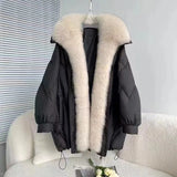 The New Winter 2024 Oversized Fox Fur Collar Loose Versatile Goose Down Female Long Style To Overcome The Coat Tide-Outfit
