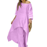 New Women's Cotton And Cotton Fashion Casual Large Code Irregular Long-Sleeved Set Of Wide Leg Pants Two