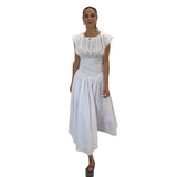 New Sweet Pure Want To Collect Waist Thin A Word French Girl Folds Splicing Short Sleeve Long Dress