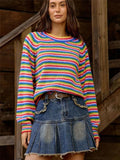 New Rainbow Striped Sweater Knitted Retro Round Long Sleeves