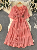 Vintage Women Pleated Chiffon Midi Dress Elegant V-Neck Short Sleeve High Waist A-Line Draped Purple/Red/Yellow Robe