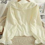Lace Splicing Peter Pan Collar White Shirt Women Korean Pearl Button Blouses Elegant Office Work Long Sleeve Blusas