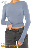 Women Spring Fall Casual Slim Fit Basic Crop Tops Solid Color Long Sleeve Crew Neck Pullover Tight Tee Shirts