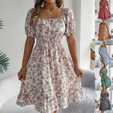 Shooting 2025 Spring And Summer Broken Flower Collar Short Sleeves To Close The Waist Lotus Leaf Side A Dress Women's