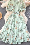 Bohemian Women Floral Print Pleated Midi Dress Elegant Round Neck Puff Sleeve High Waist A-Line Draped Beach Vestidos