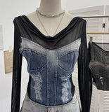 Sexy Collar Long-Sleeved T-Shirt To Make Old Hole Cowboy Splicing Net Bare Back Short Top