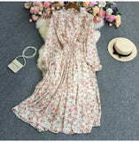 And Autumn Gentle Wind Korean Version Of Sweet Round Collar Lote Side To Receive Waist Thin A Word Broken Flower Chiffon Dress