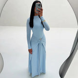 2025 New Women's Pure Color Temperament Elegant Long-Sleeved Decorative Buckle Tied Dress
