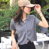 Women T-shirts Summer Solid Simple Trendy Korean Style Knitted Short Sleeve Turn-down Collar Single Breasted All-match