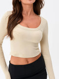 Women Slim Casual Ribbed Short T-Shirts Fall Spring Long Sleeve Round Neck Pullovers Crop Tops Base Tees Shirts