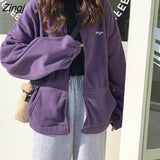 Women Zip-up Turn-down Collar Printed Pocket Long Sleeve Korean Style New Trendy Casual BF Ulzzang Harajuku Womens