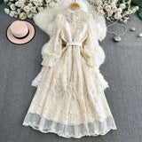 Retro Court Dress Heavy Industry Embroidered Wood Ear Repair Long Lace Dress High-End Exquisite